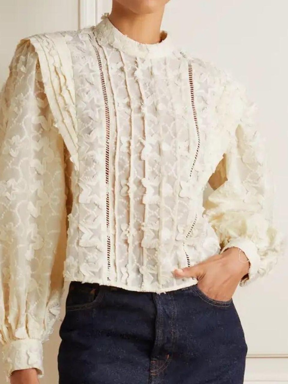 FARM Rio x Anthropologie 3D Embroidered Star Pullover Blouse Ivory L NWT